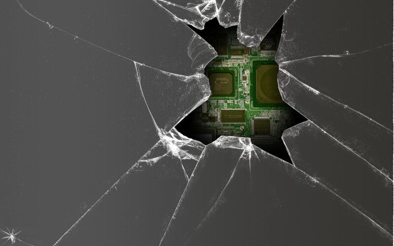 Broken screen revealing circuit board