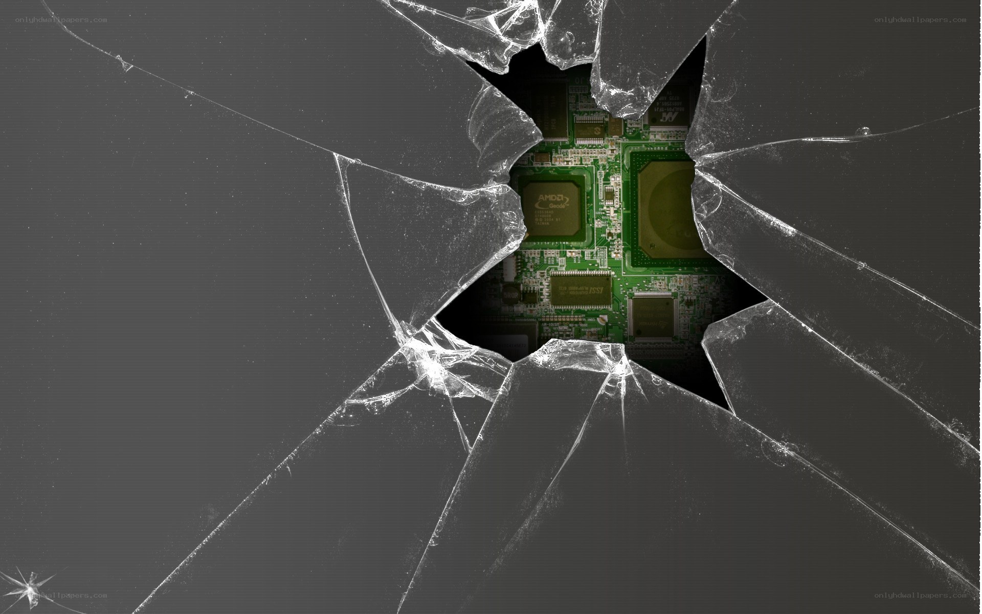 Broken screen revealing circuit board