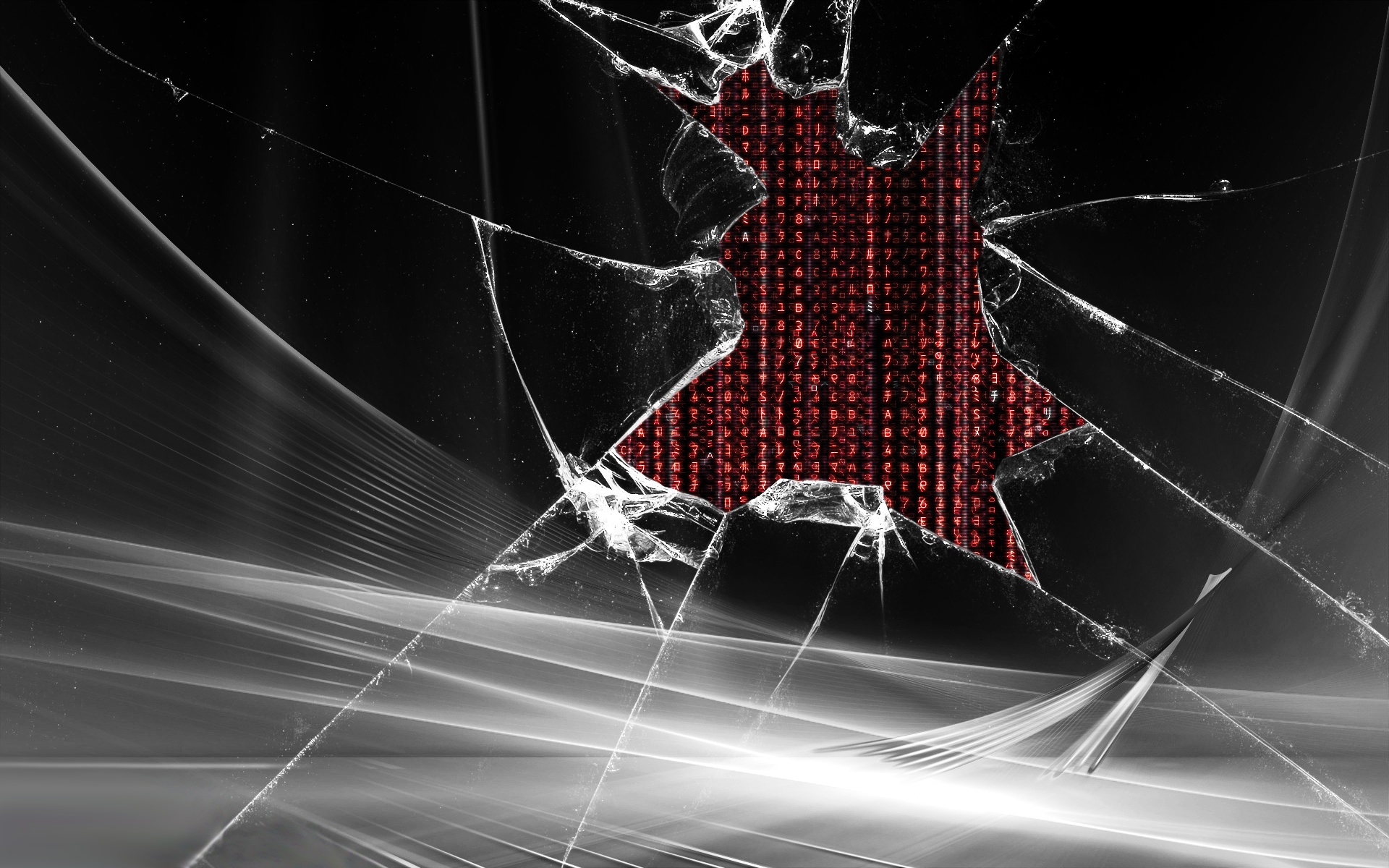 Broken screen with red code