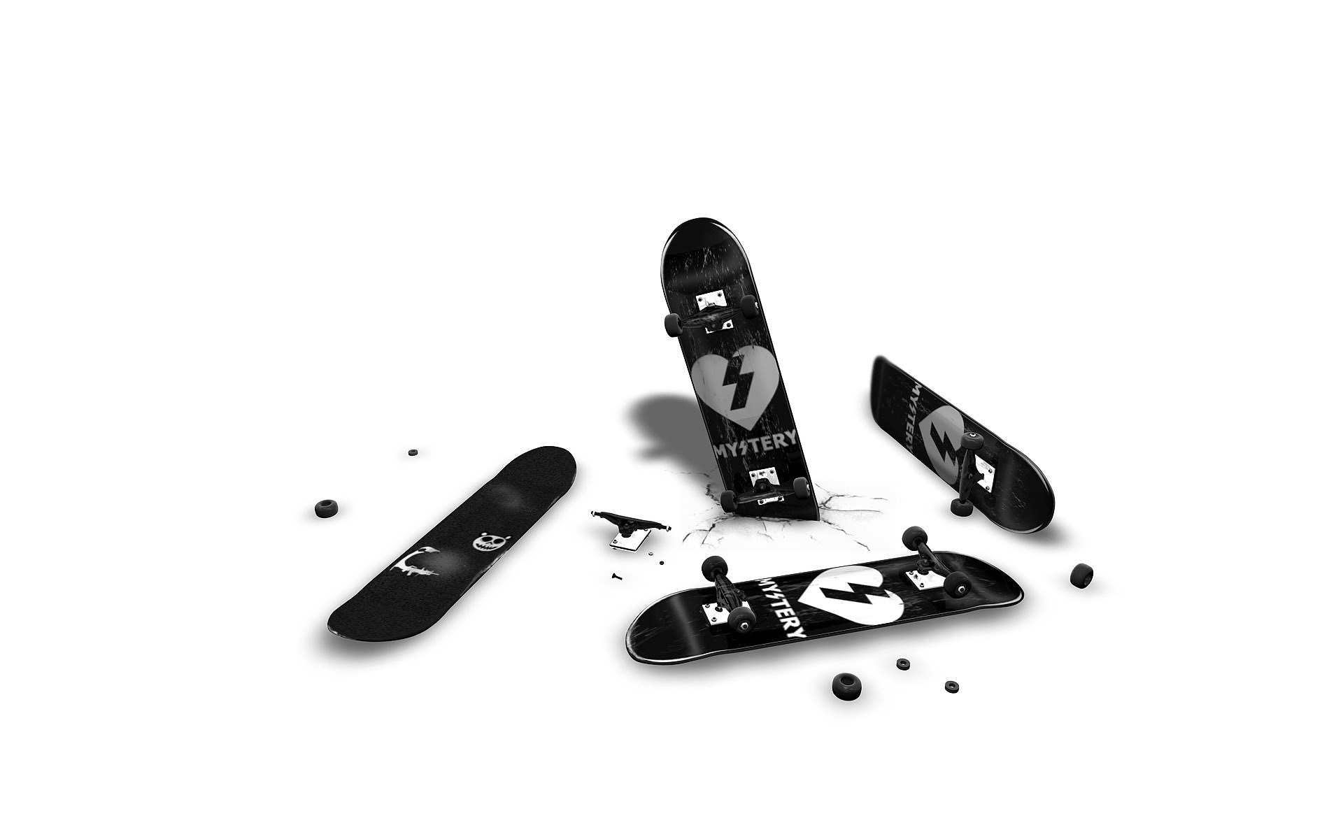 Broken skateboards on white