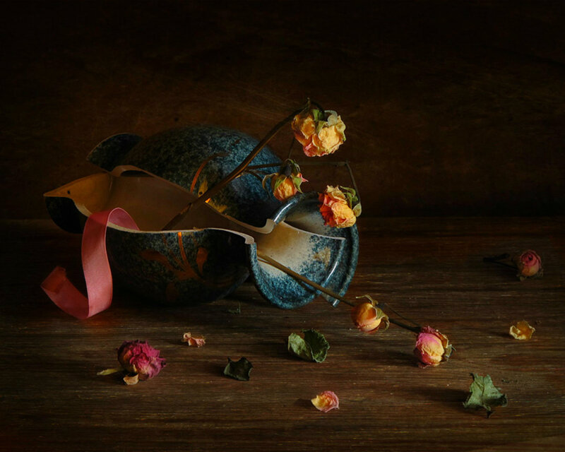 Broken Vase with Dried Roses