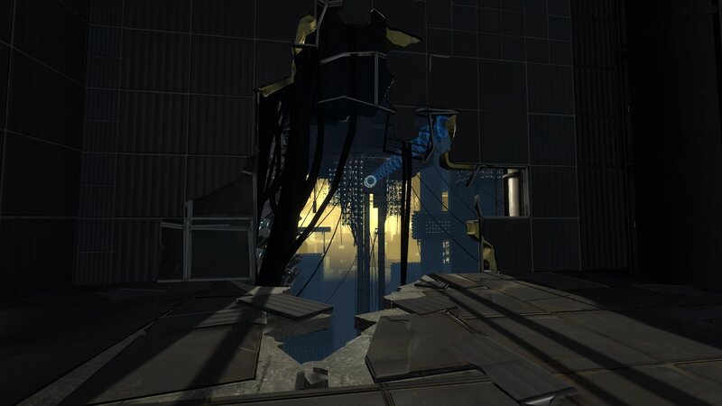 broken wall in dark corridor