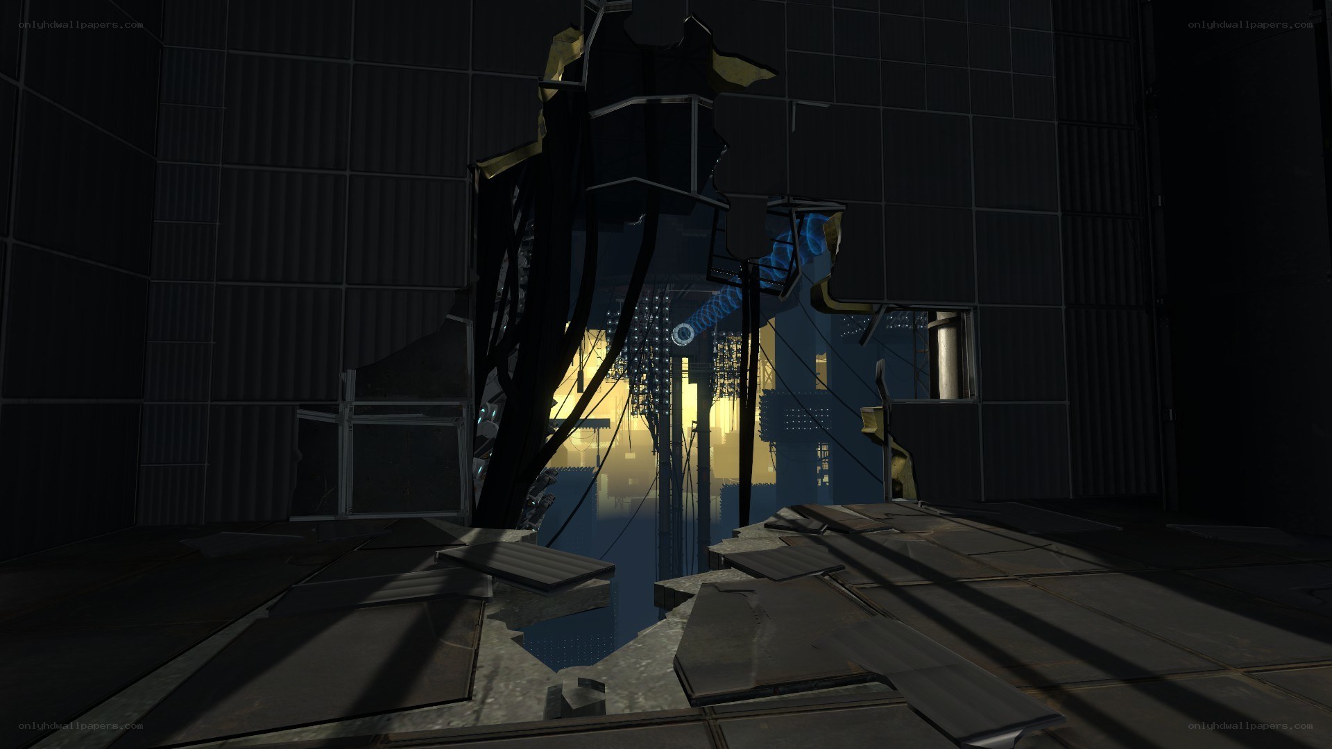 broken wall in dark corridor