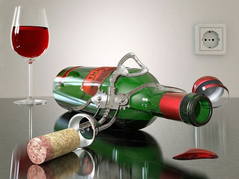 Broken wine bottle and glass