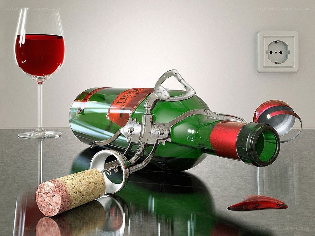Broken wine bottle and glass