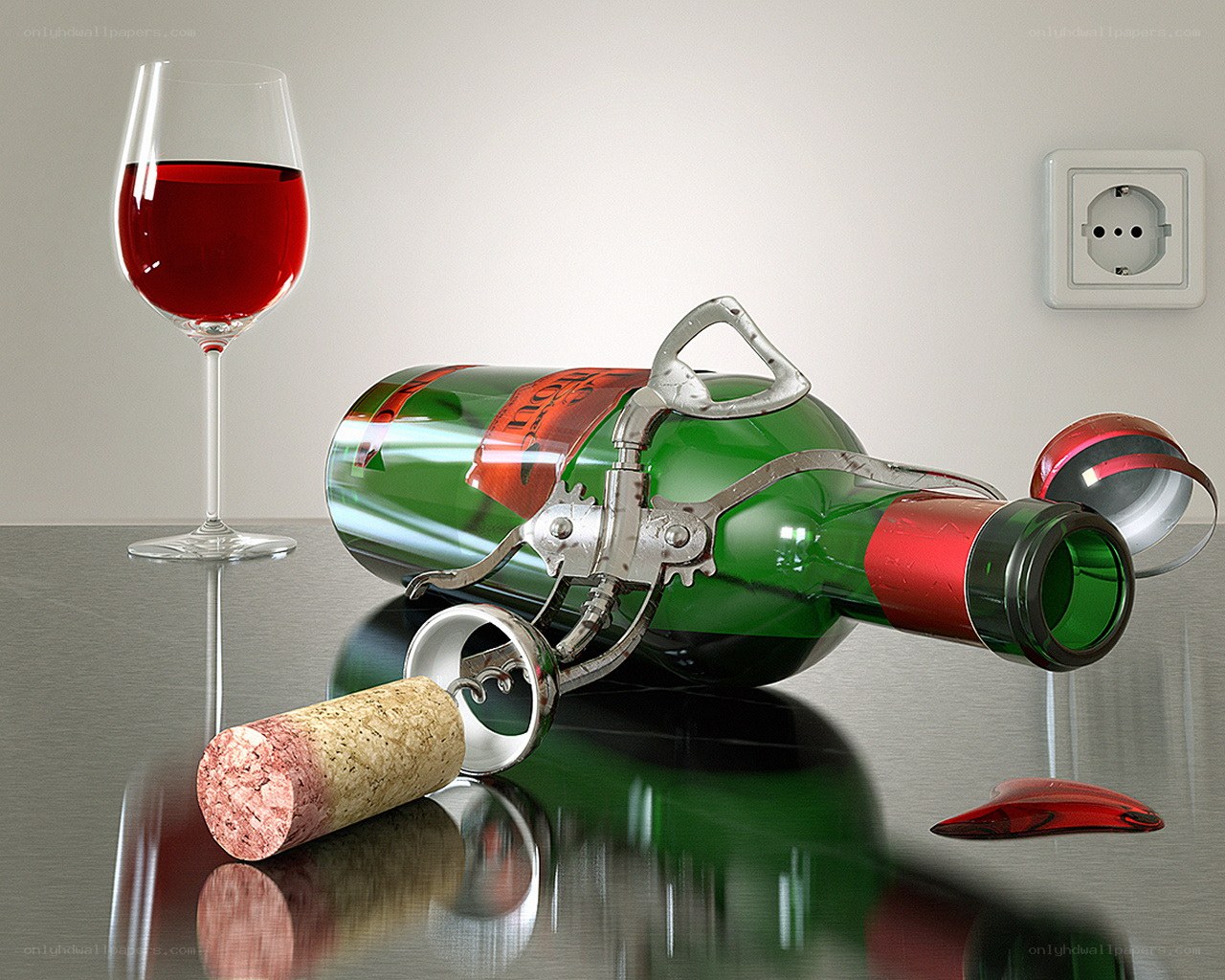 Broken wine bottle and glass
