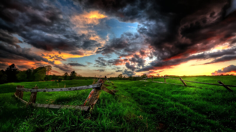 Broken Wooden Fence — Green, Dramatic