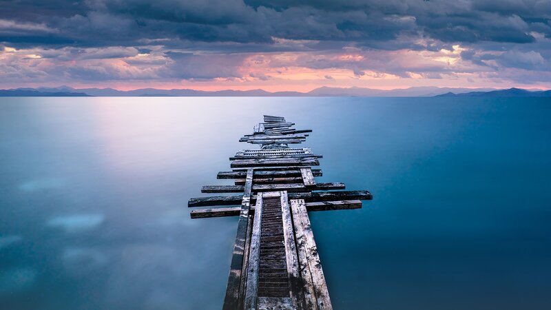 Broken Wooden Pier — Blue, Dramatic, Sunset
