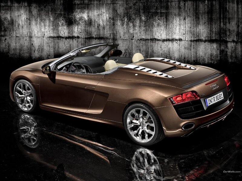 Bronze Audi R8 Spyder — Brown, Dramatic, Photograph, Car, Concrete Wall, Reflective Floor, Black, Silver