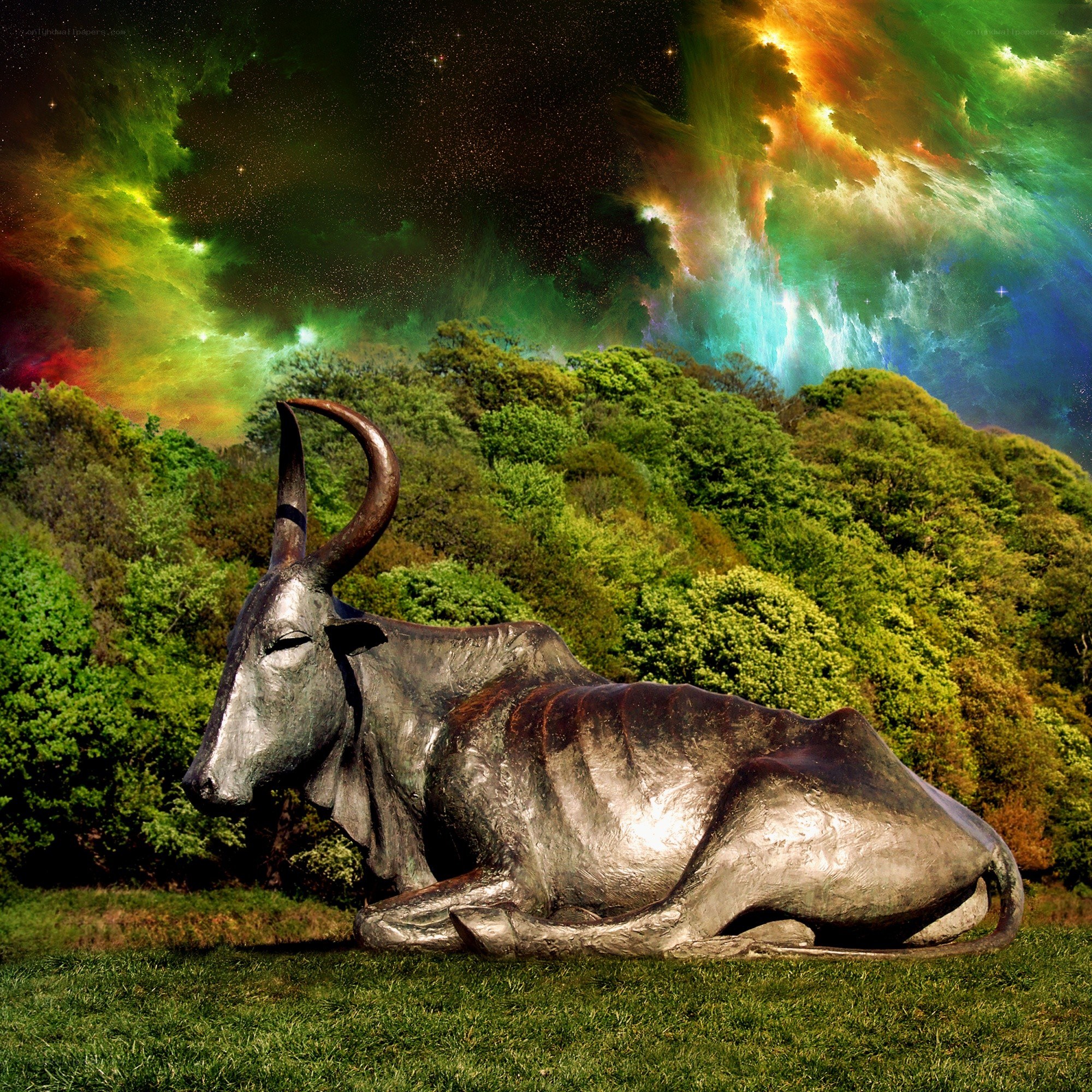 Bronze bull statue in forest