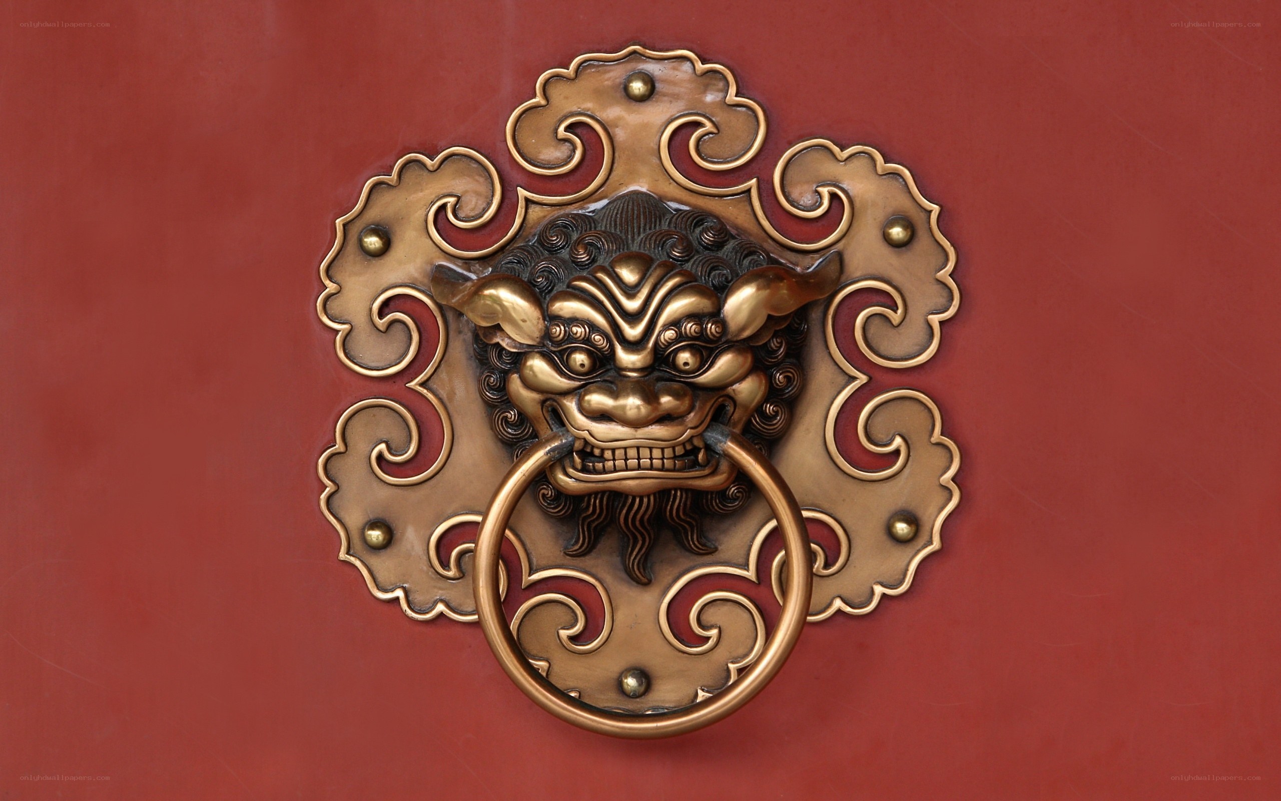 bronze door knocker on red door