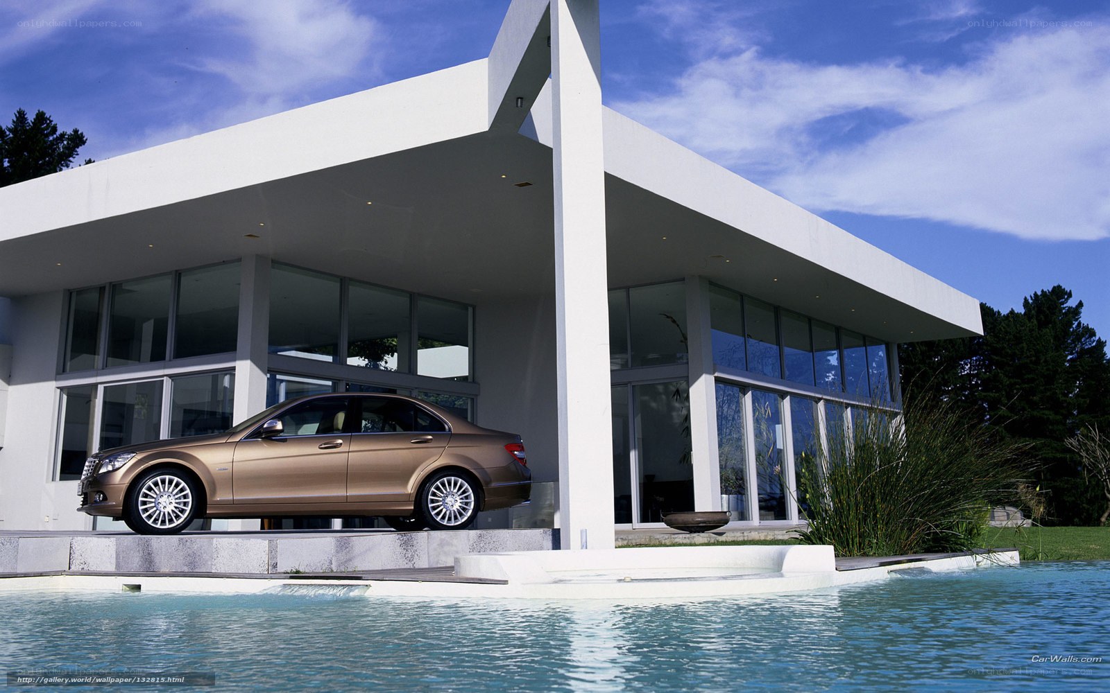 Bronze sedan by modern house