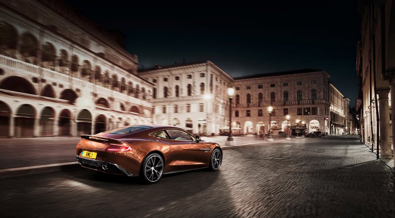 Bronze Sports Car — Brown, Dramatic, Night, Photograph, Buildings
