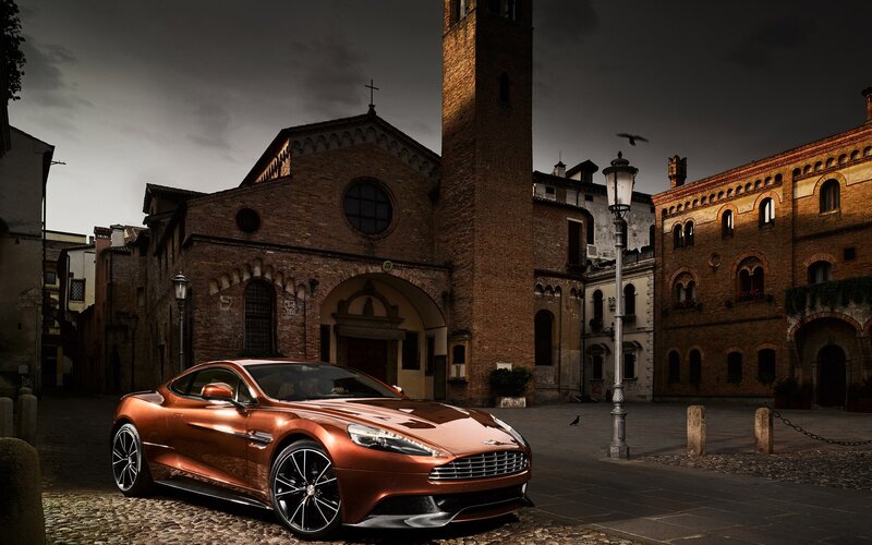 Bronze Sports Car — Brown, Dramatic, Night, Photograph, Church