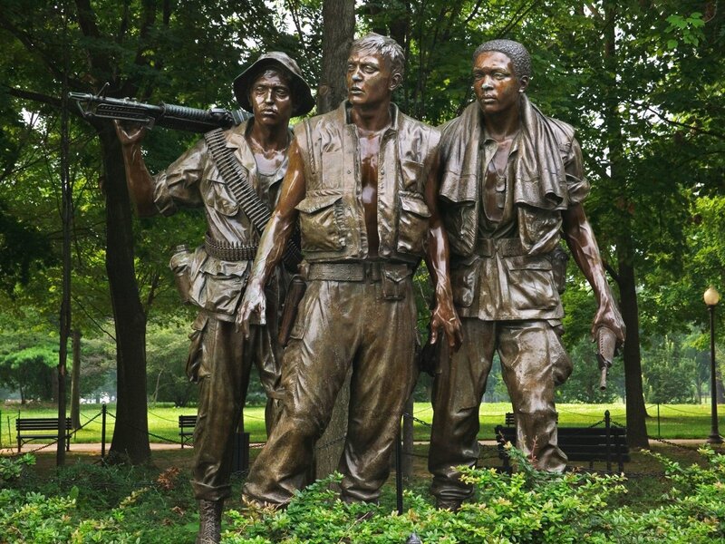 Bronze Statue of Soldiers — Green, Somber, Afternoon