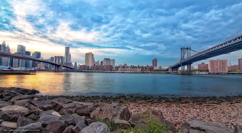 Brooklyn and Manhattan Bridges — Blue, Dramatic, Sunset, Photograph, City Skyline