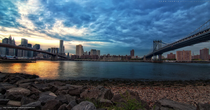 Brooklyn and Manhattan Bridges — Blue, Dramatic, Sunset, Photograph
