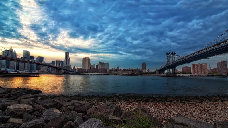 Brooklyn and Manhattan Bridges — Blue, Dramatic