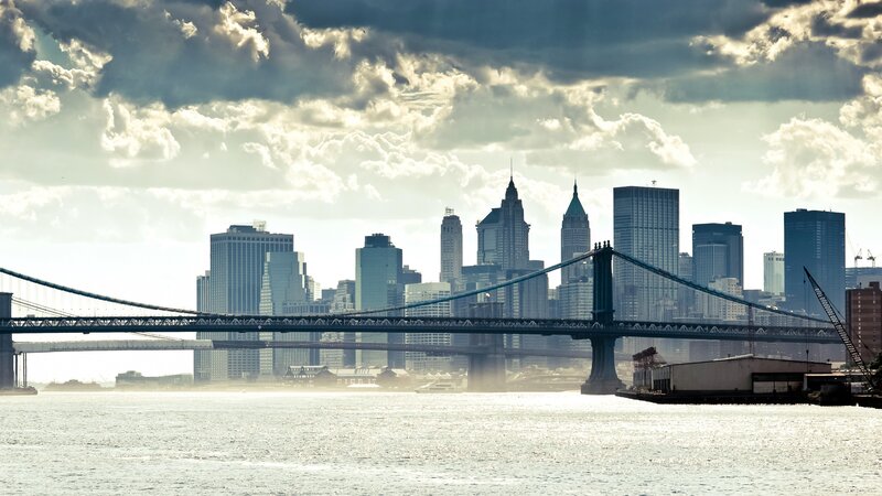 Brooklyn Bridge and Skyline — Blue, Dramatic, Afternoon, Photograph, Skyscraper