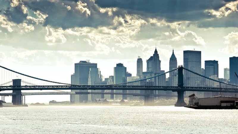 Brooklyn Bridge and Skyline — Gray, Dramatic, Afternoon, Photograph, Skyscraper