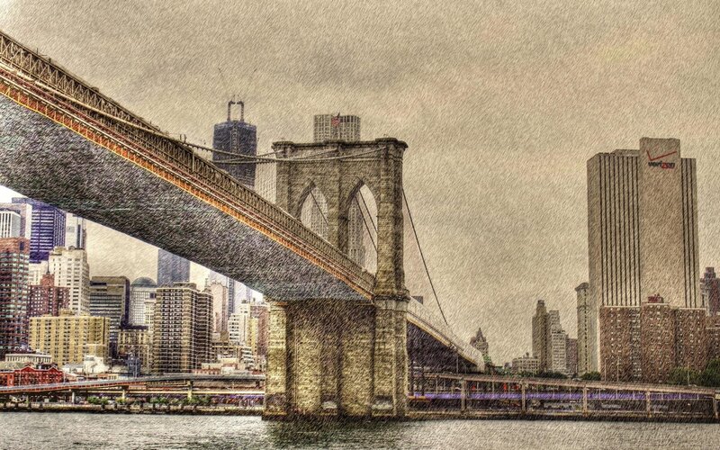 Brooklyn Bridge and Skyline — Gray, Dramatic, Illustration