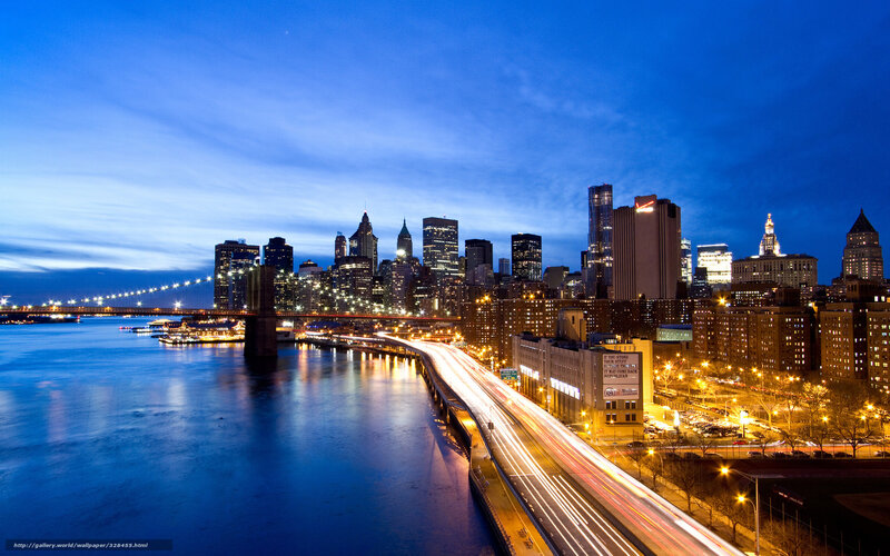 Brooklyn Bridge at Dusk — Blue, Dramatic, Night, Photograph, City Skyline, River, Highway