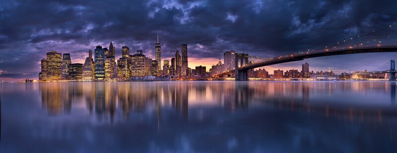 Brooklyn Bridge at Dusk — Blue, Dramatic, Night, Photograph, City Skyline, River, Sky