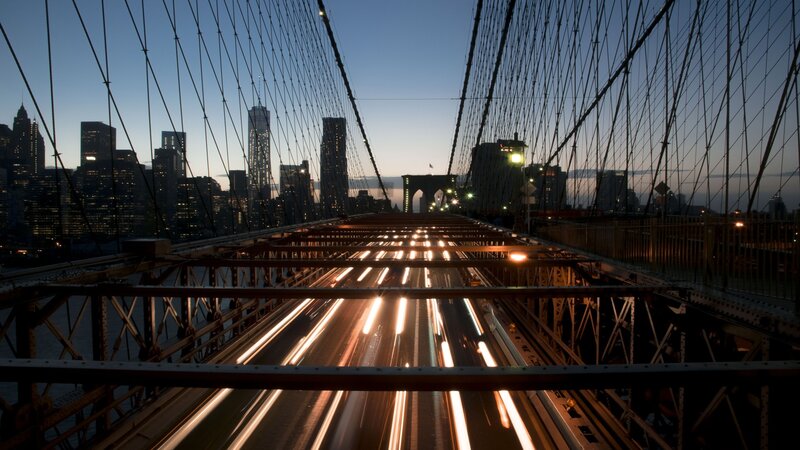 Brooklyn Bridge at Dusk — Blue, Dramatic, Night, Photograph, City Skyline, Traffic Lights