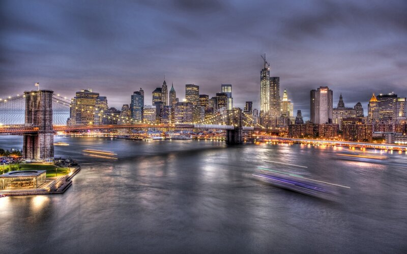 Brooklyn Bridge at Dusk — Blue, Dramatic, Night, Photograph, Skyscraper, River, City Lights