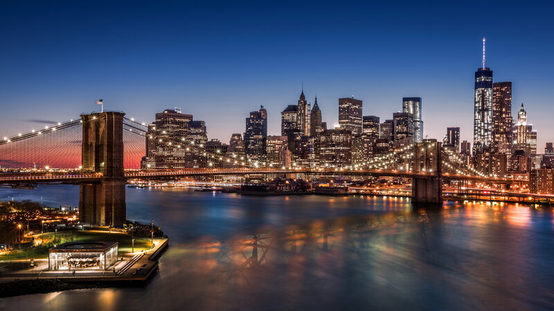 Brooklyn Bridge at Dusk — Blue, Dramatic, Night, Photograph
