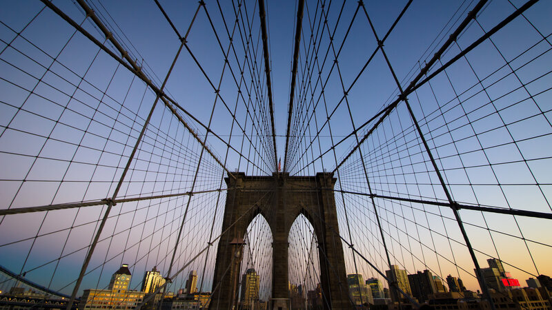 Brooklyn Bridge at Dusk — Blue, Dramatic, Sunset, Photograph, City Skyline, Cables