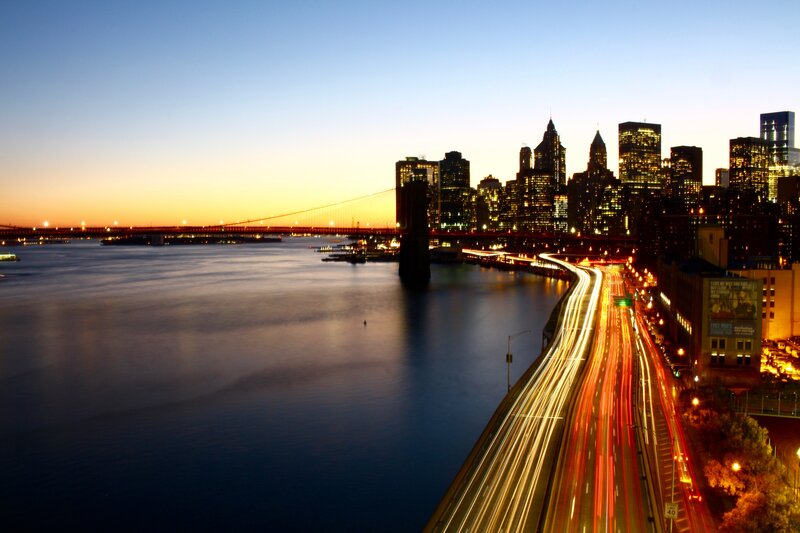 Brooklyn Bridge at Dusk — Blue, Dramatic, Sunset, Photograph, City Skyline, River, Highway