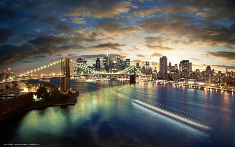 Brooklyn Bridge at Dusk — Blue, Dramatic, Sunset, Photograph, City Skyline, River, Skyline Lights