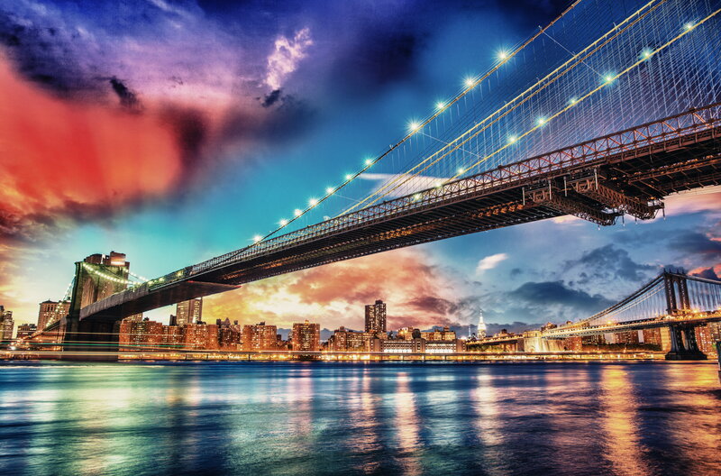 Brooklyn Bridge at Dusk — Blue, Dramatic, Sunset, Photograph, City Skyline, River