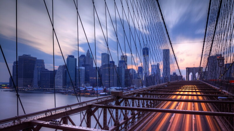 Brooklyn Bridge at Dusk — Blue, Dramatic, Sunset, Photograph, City Skyline, Skyscrapers