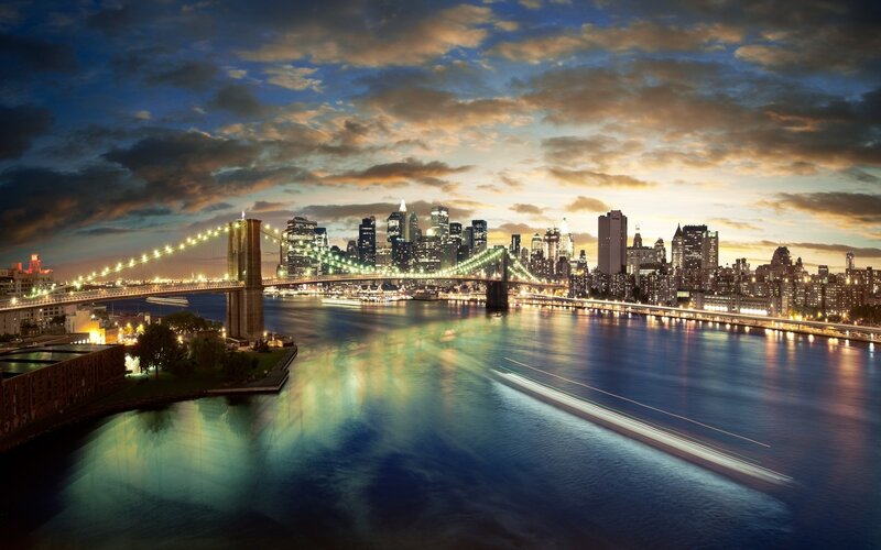 Brooklyn Bridge at Dusk — Blue, Dramatic, Sunset, Photograph, City Skyline