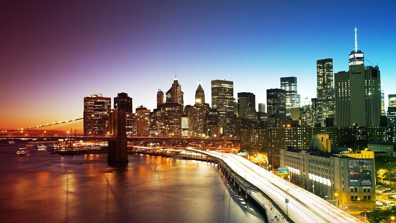Brooklyn Bridge at Dusk — Blue, Dramatic, Sunset, Photograph, Skyscraper, River, City Lights