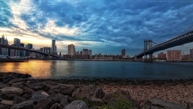 Brooklyn Bridge at Dusk — Blue, Dramatic, Sunset, Photograph, Skyscraper, River, Orange