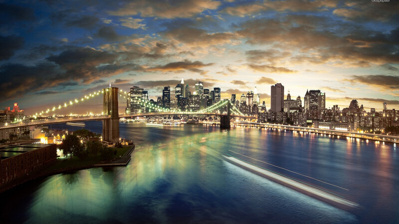Brooklyn Bridge at Dusk — Blue, Dramatic, Sunset, Photograph