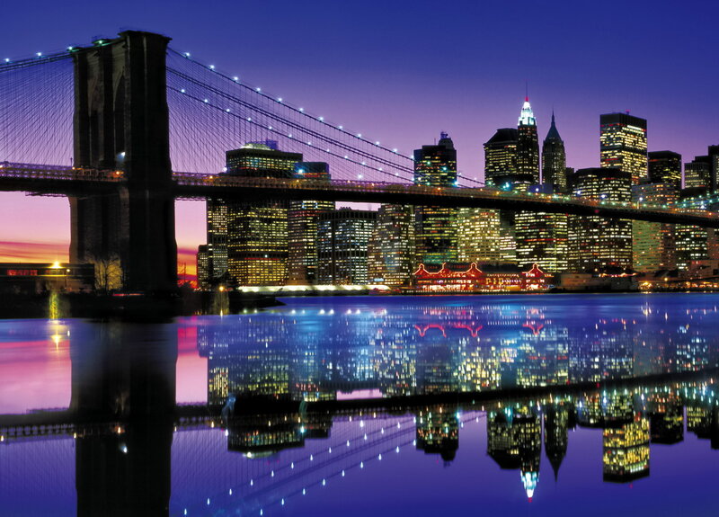 Brooklyn Bridge at Dusk — Blue, Serene, Night, Photograph, City Skyline