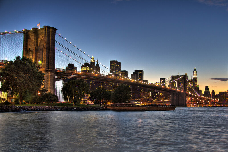 Brooklyn Bridge at Dusk — Blue, Serene, Sunset, Photograph, City Skyline