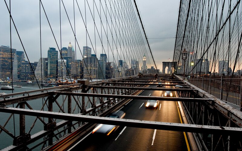 Brooklyn Bridge at Dusk — Gray, Dramatic, Sunset, Photograph