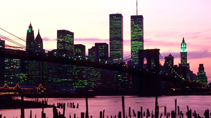 Brooklyn Bridge at Dusk — Purple, Dramatic, Sunset, Photograph, Skyscraper, River, Cityscape, Green