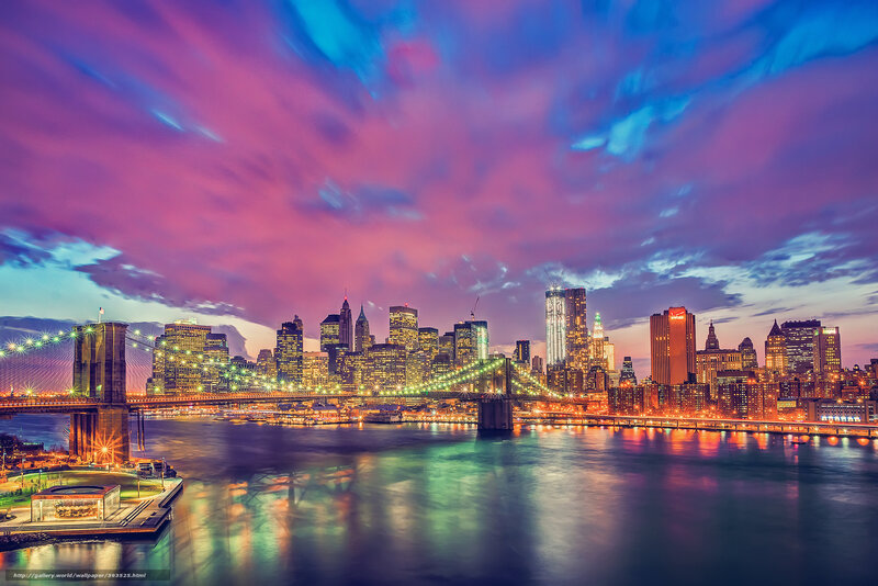 Brooklyn Bridge at Dusk — Purple, Dramatic, Sunset, Photograph, Skyscraper, River
