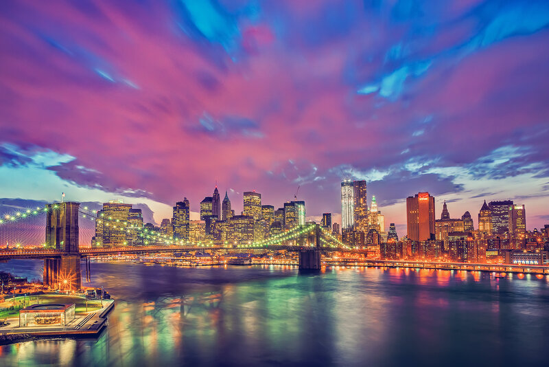 Brooklyn Bridge at Dusk — Purple, Dramatic, Sunset, Photograph