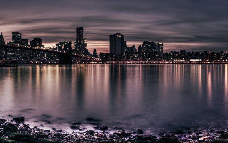 Brooklyn Bridge at Dusk — Purple, Dramatic