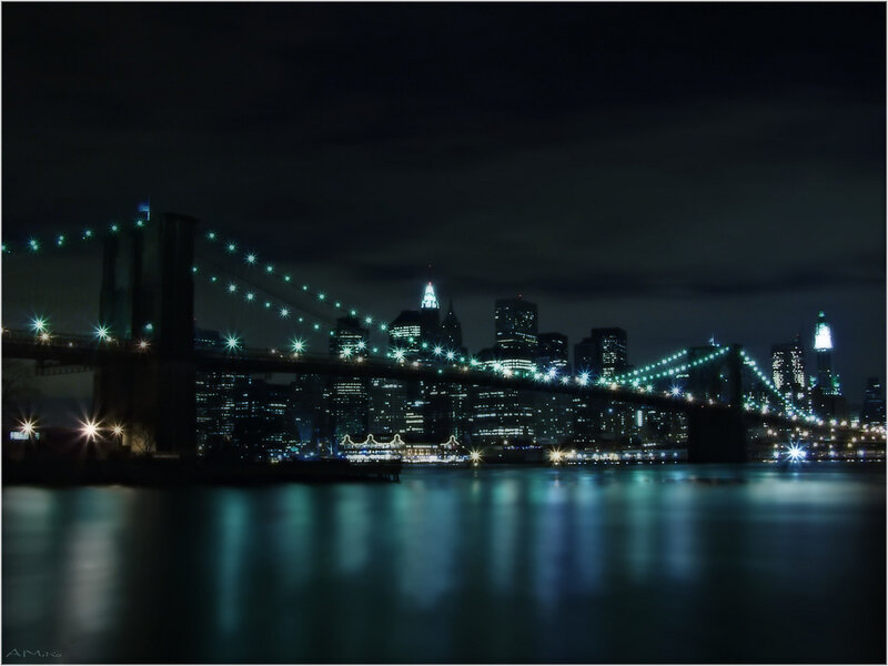 Brooklyn Bridge at Night — Black, Dark, Photograph, City Skyline, River