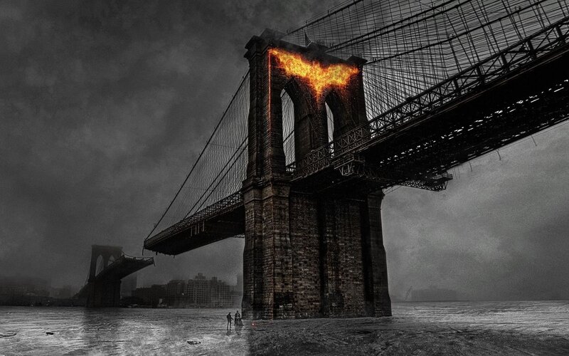 Brooklyn Bridge at Night — Black, Dramatic, Digital Art, Fire