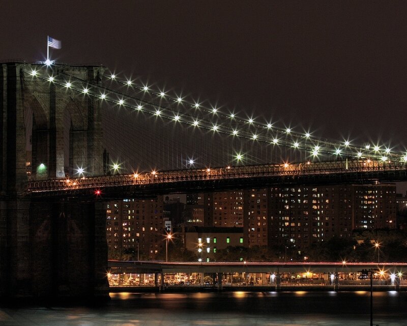 Brooklyn Bridge at Night — Black, Dramatic, Photograph, American Flag, Buildings
