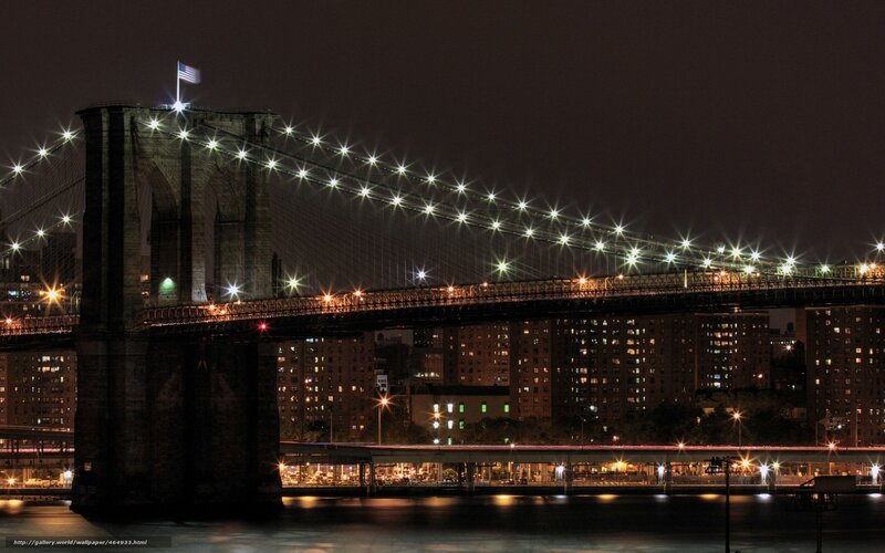 Brooklyn Bridge at Night — Black, Dramatic, Photograph, American Flag